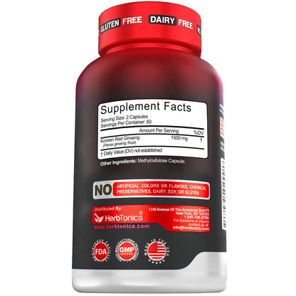 Herbtonics Korean Red Panax Ginseng 1500mg - Energy Supplement for Peak Performance, Focus & Vitality - High Potency Ginseng Root Extract - 120 Vegan Capsules HerbtonicsBuy Supplements Australia