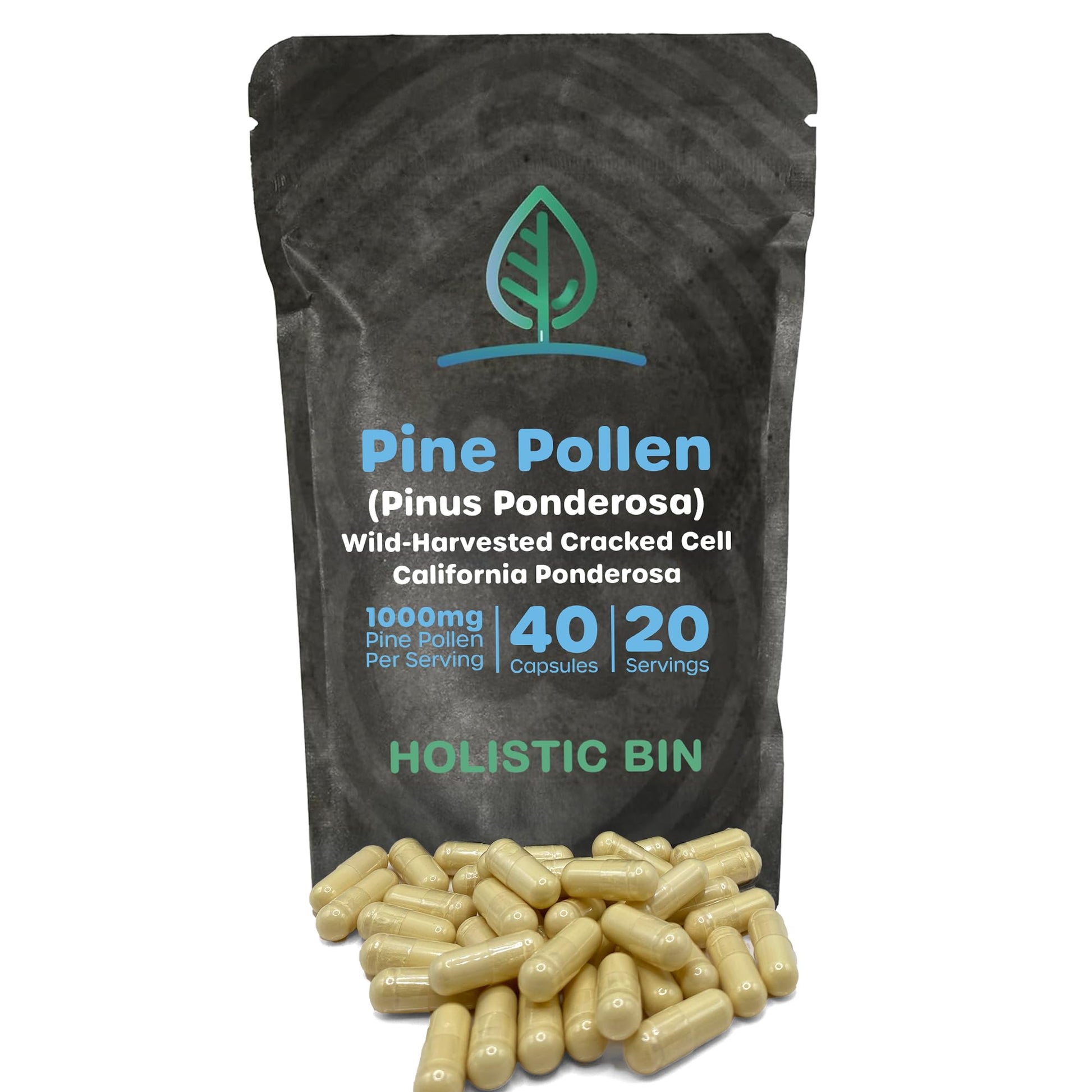 Holistic Bin Pine Pollen Capsules 500mg (Pinus Ponderosa) - Wild Harvested California Ponderosa Pine Pollen Powder - Olympic Grade - Organic, Non-GMO, No Fillers - 30 Day Supply (40 Capsules) Holistic BinBuy Supplements Australia