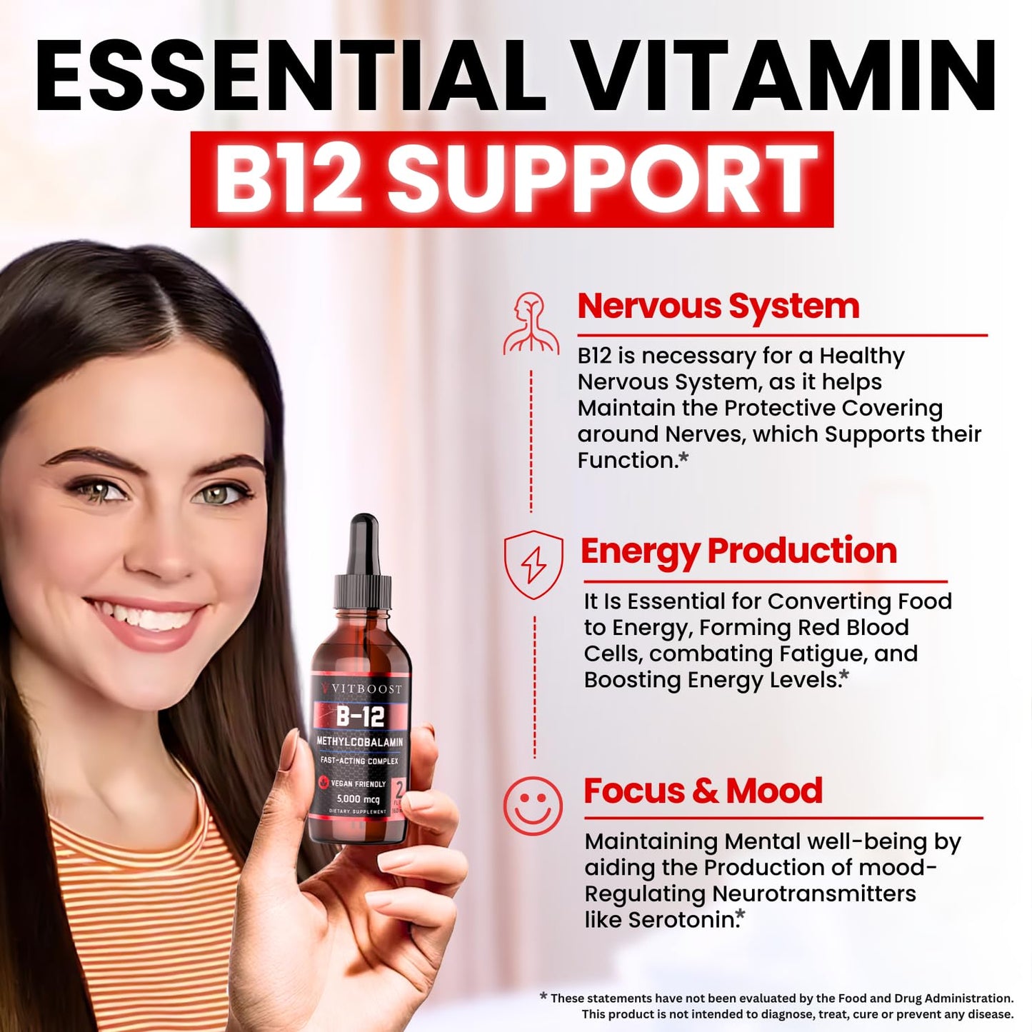 VITBOOST Vegan Liquid B-12 Drops – 60 x 5000 mcg Extra Strength Raspberry Flavored Vitamin B12 Liquid Methylcobalamin sublingual Supplement | Designed to Maximize Absorption