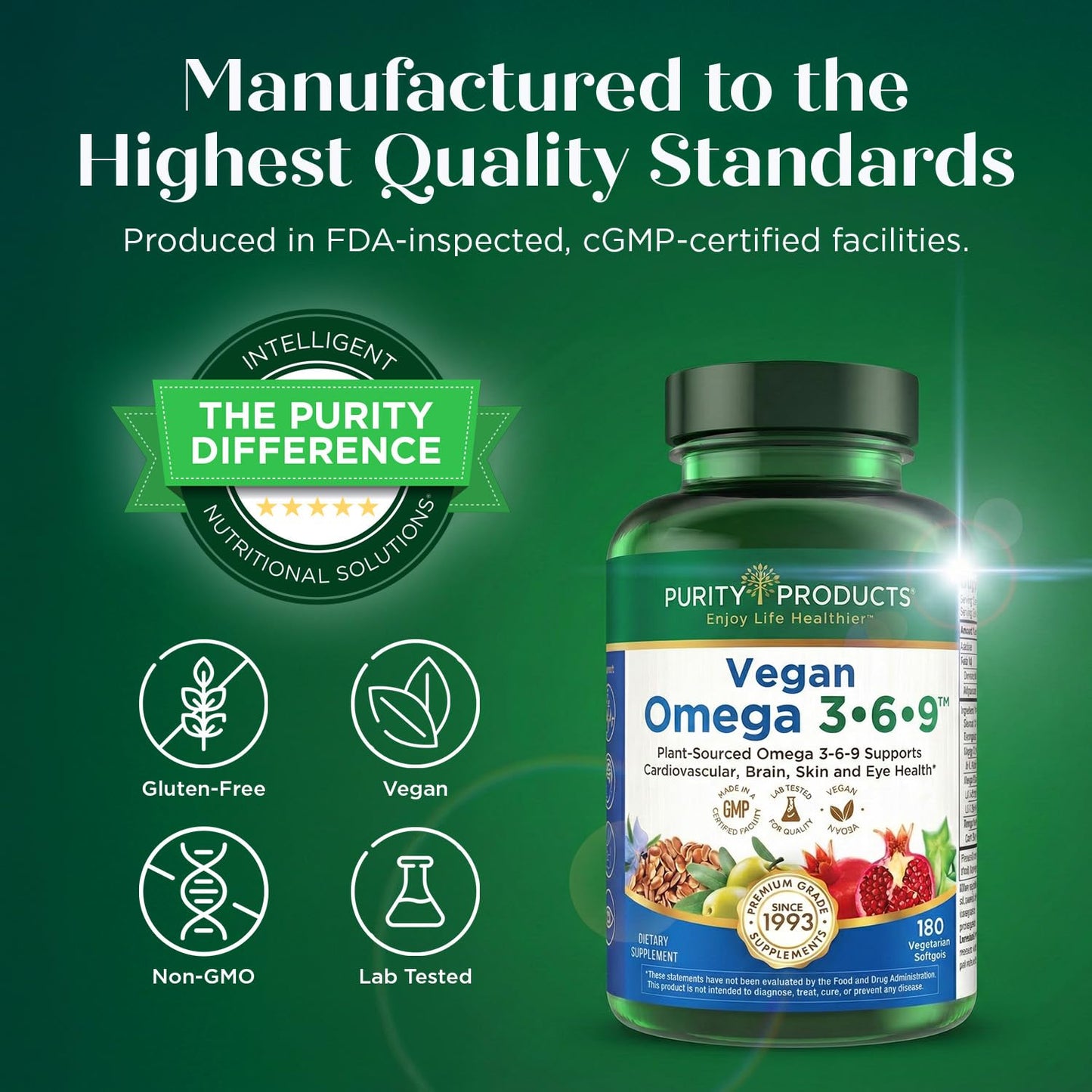 Purity Products Omega 3-6-9 Vegan and Vegetarian Formula - “5 in 1” Essential Fatty Acid Complex - Scientifically Formulated Plant-Based Omega 3 6 9