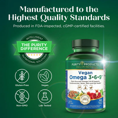 Purity Products Omega 3-6-9 Vegan and Vegetarian Formula - “5 in 1” Essential Fatty Acid Complex - Scientifically Formulated Plant-Based Omega 3 6 9