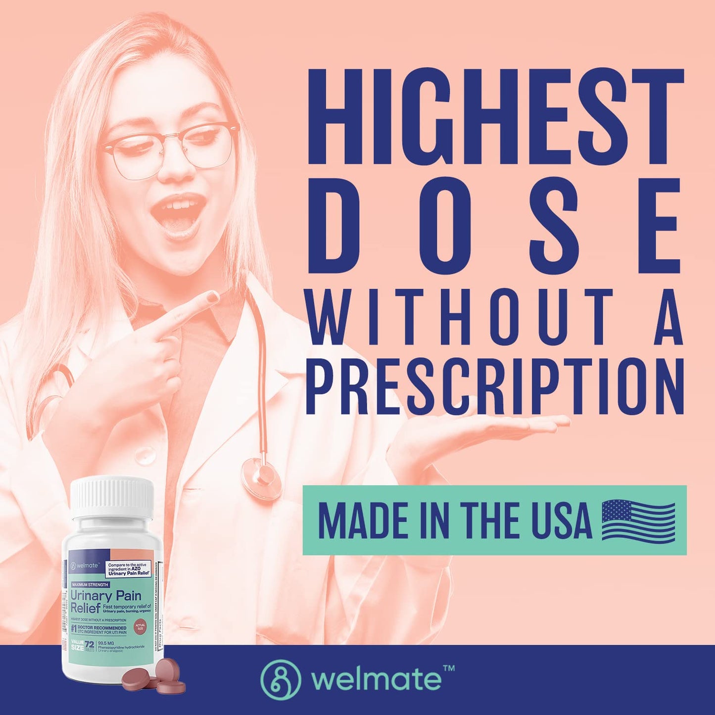 WELMATE Urinary Pain UTI Relief Maximum Strength (Phenazopyridine HCL) - Improve Urinary Tract Health & Bladder Control, Urgency, & Discomfort | Over-The-Counter Medication for Men & Women (72 Pills) WELMATEBuy Supplements Australia