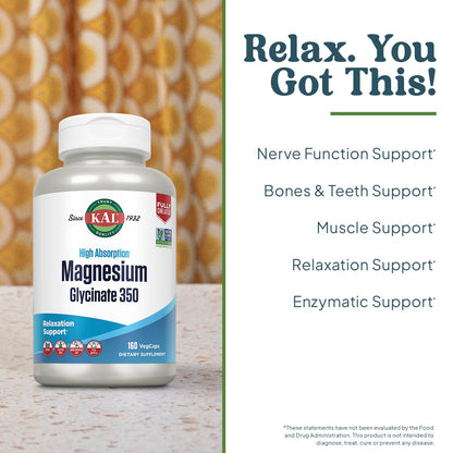 KAL Magnesium Glycinate Capsules, Fully Chelated Magnesium Bisglycinate, High Absorption Magnesium Supplement, Healthy Bones, Muscle,