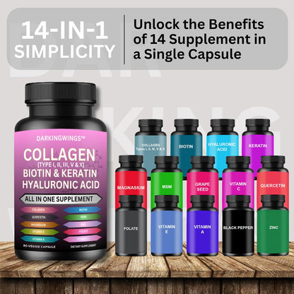 Multi Collagen Pills Peptides Types I, II, III, V & X MCG Biotin Keratin Hyaluronic Acid MSM Vitamin C Zinc Magnesium with Grape Seed Extract, Quercetin - Hair Skin and Nails Vitamins Capsule DarkingwingsBuy Supplements Australia