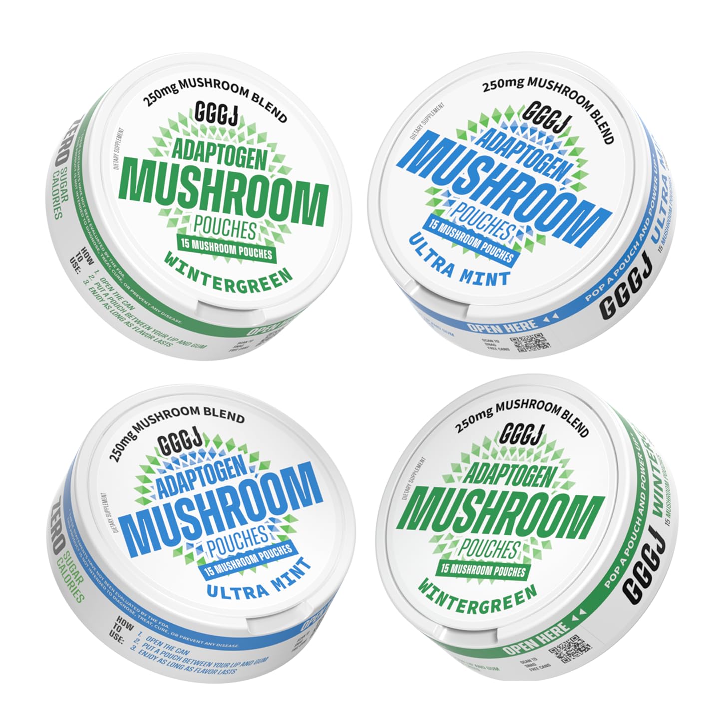 Adaptogen Mushroom Nootropic Pouches (4 Pack Bundle) - 250mg Mushroom Blend + 165mg Energy Blend, Nicotine Free & Caffeine Free, Ultra Pouch with Lion's Mane, Cordyceps, Reishi, Alpha-GPC, L-Theanine GGGJBuy Supplements Australia