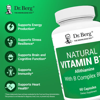 Dr. Berg Natural Vitamin B1 B6 B12 Complex - Allithiamine Vitamin B1 Supplement with 8 Essential Vitamin B Complex for Men & Women Including Thiamin, Niacin, Folate, Magnesium & More - 60 Capsules Dr. Berg NutritionalsBuy Supplements Australia