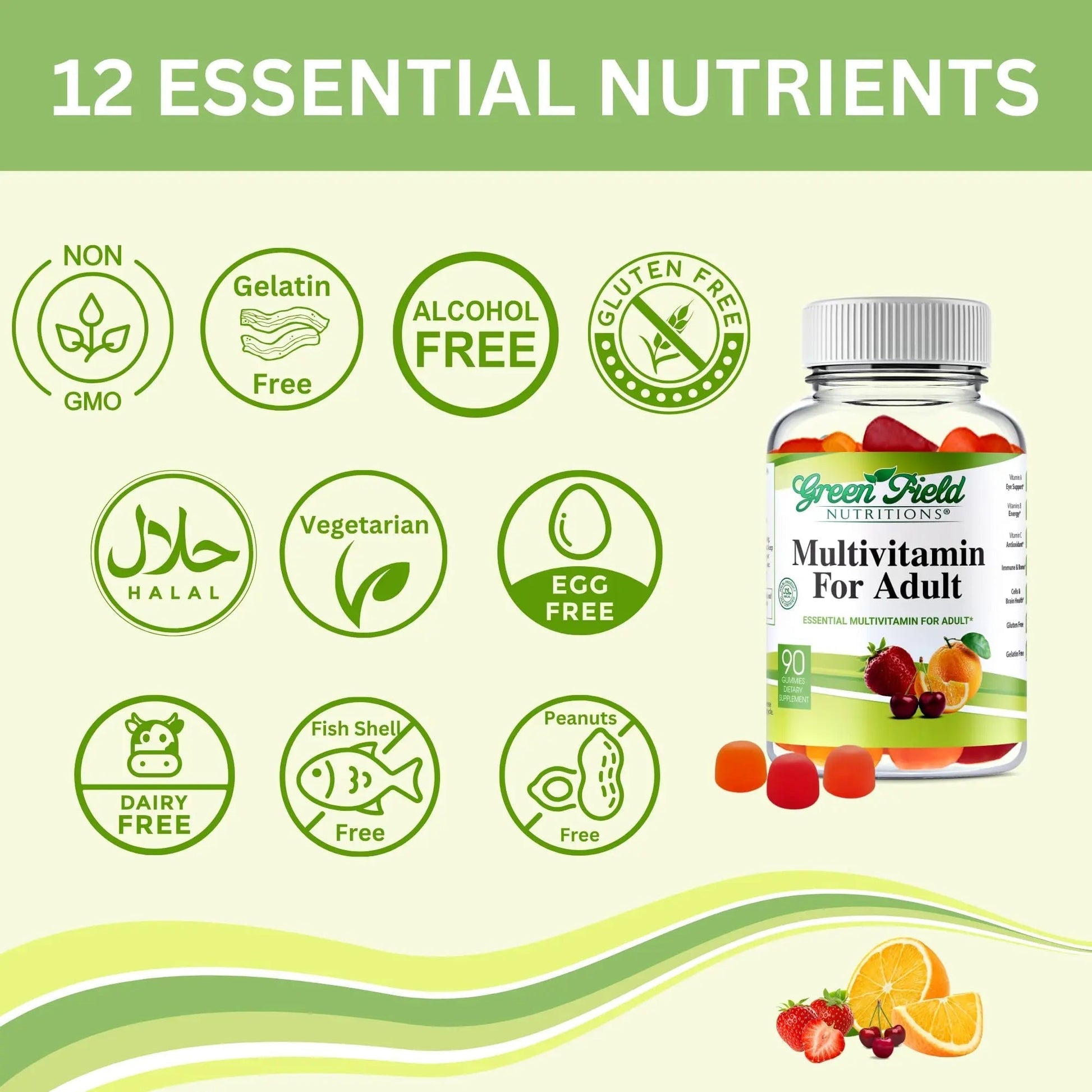 Greenfield Nutritions Halal Multivitamins for Adults | 90 Halal Vitamins for Women & Men | All Essential Gelatin Free Halal Gummy Vitamin, Mineral GREEN FIELD NUTRITIONS