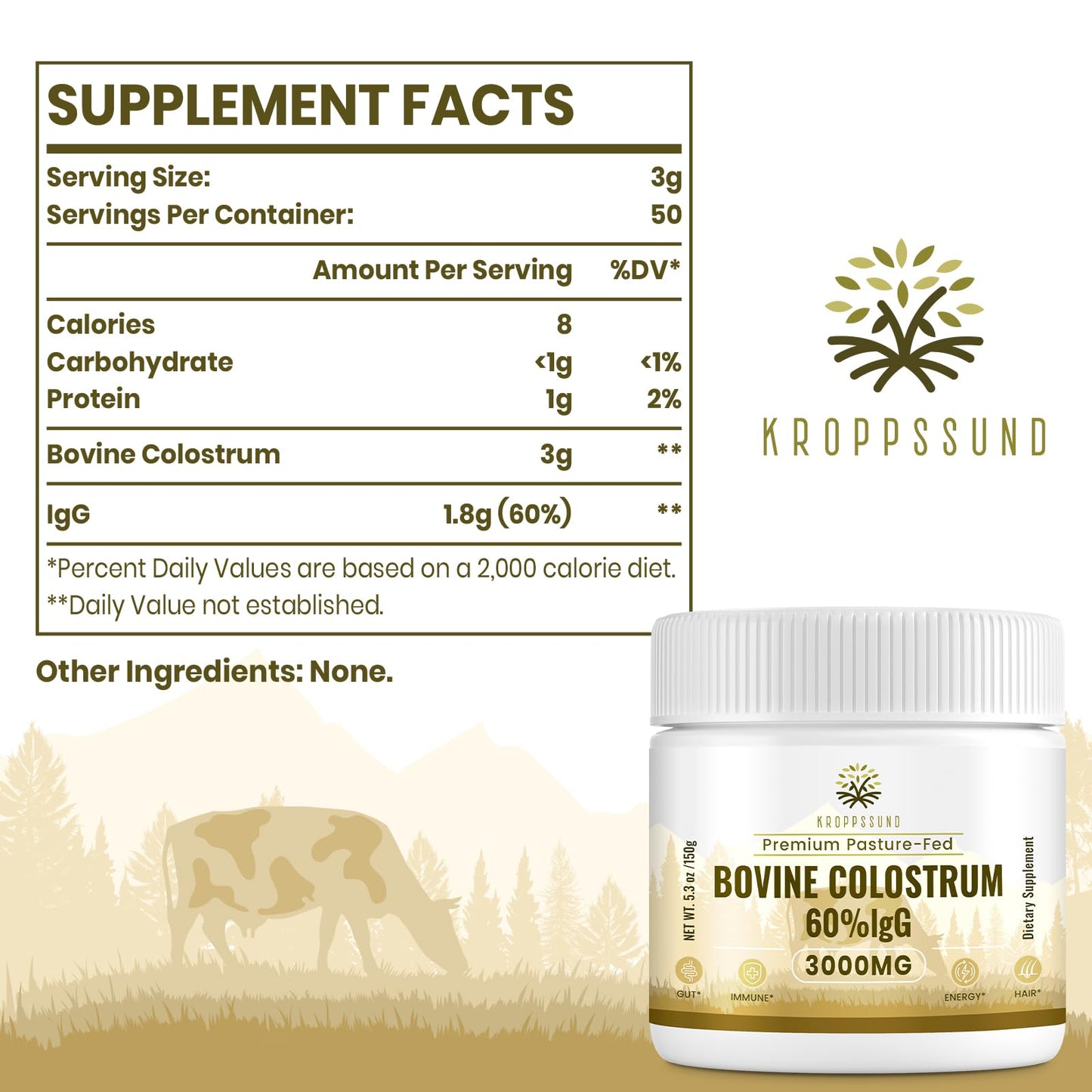 Kroppssund Bovine Colostrum Powder Supplement 3000 mg - Extra High 60% IgG Bovine Colostrum - Gut, Bone, Exercise, Immune - 50 Servings (1 Bottle) KroppssundBuy Supplements Australia