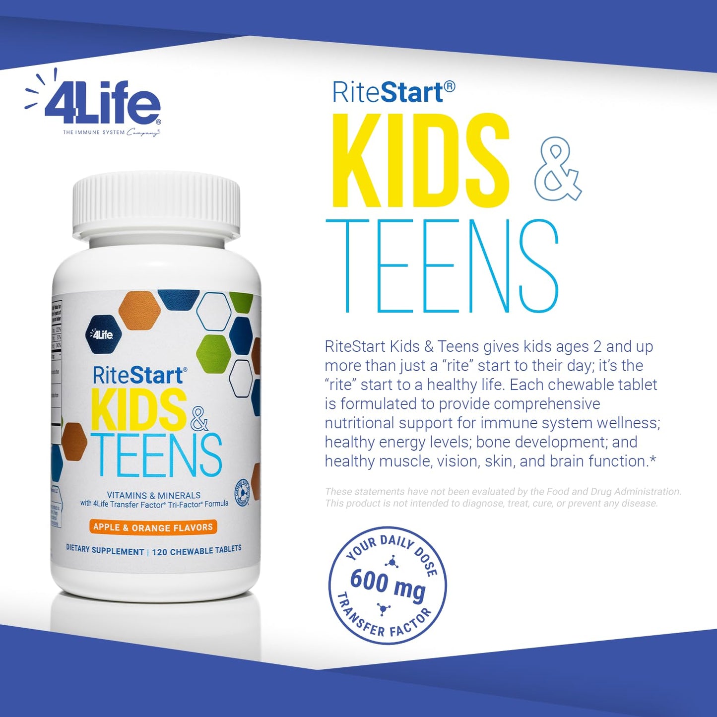 4Life RiteStart Kids and Teens- Apple, Orange Flavors, 22 Essential Vitamins, Minerals, Immune System and Brain Support Ages 2+ - 120 Chewable Tablets 4LifeBuy Supplements Australia