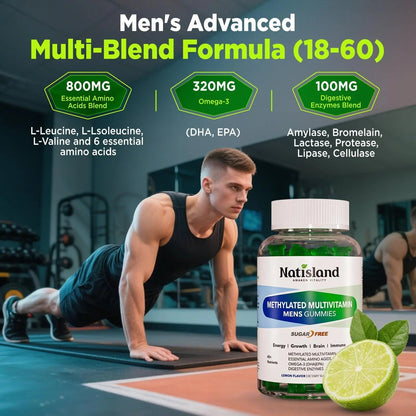Methylated Multivitamin for Men Gummies, Men`s Multivitamins Gummies with Vitamin B Complex, A, C ,D3, E, K2, Calcium, Magnesium, Omega-3 NATISLANDBuy Supplements Australia