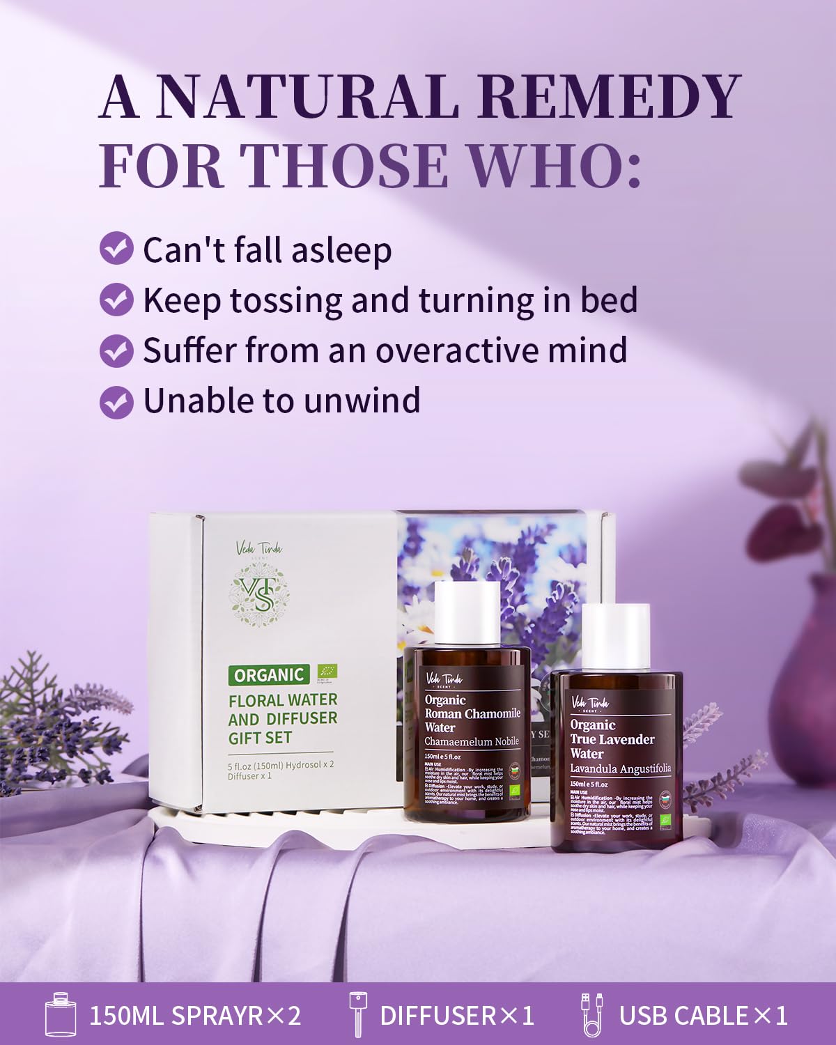 VTS Organic Lavender Water and Roman Chamomile Floral Water with Diffuser, Aromatherapy Air VEDA TINDA SCENTBuy Supplements Australia