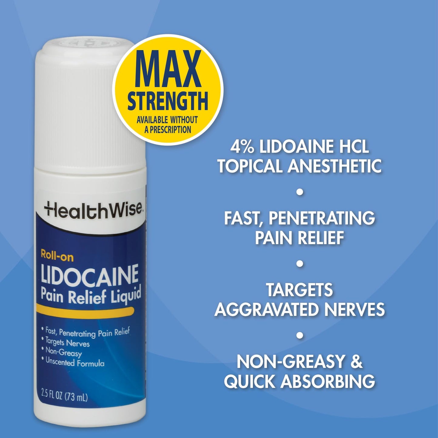 HealthWise 4% Lidocaine Roll-On | OTC Strength | Pain Relief Liquid | 2.5 oz. 73 mL | Non-Greasy, Unscented Formula | Topical Anesthetic HealthWiseBuy Supplements Australia