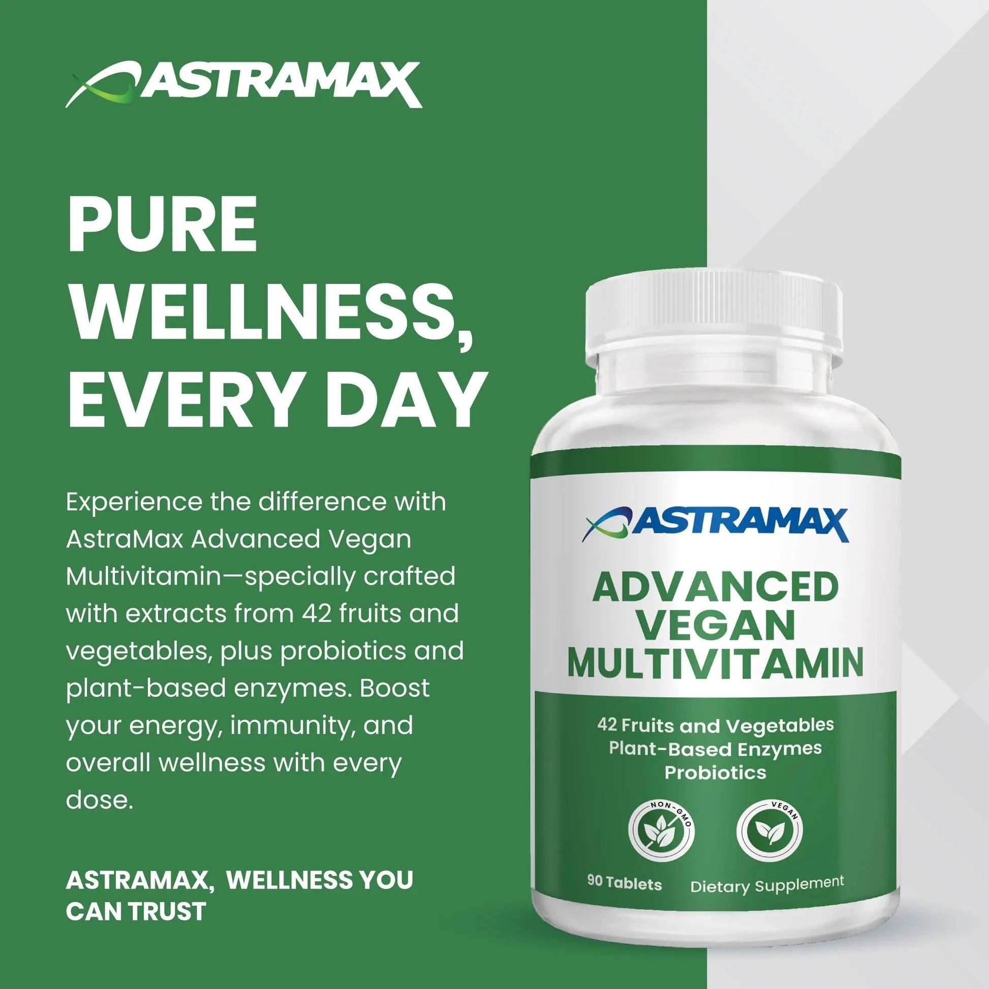 Astramax Advanced Vegan Multivitamin | Whole Food-Based Vitamin & Mineral Complex with 26 Nutrients, B12, D3, Probiotics & 42 Superfoods | Astramax