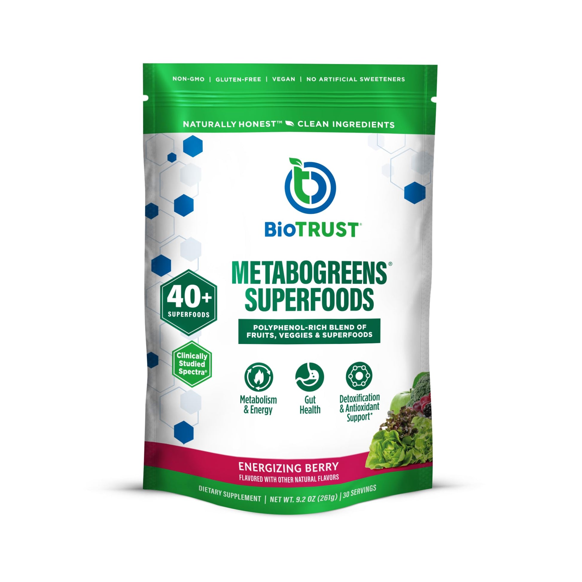 BioTrust Metabo Greens Superfood Powder - Super Greens Powder, Fruit & Veggie Blend with Clinically Studied Spectra - Non GMO, Soy Free, Gluten Free, Dairy Free, Energizing Berry Flavor (30 Servings) BioTrustBuy Supplements Australia