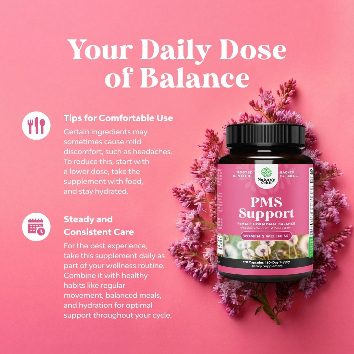 PMS Support Supplement for Women – Hormone Balance for Women & Menstrual Discomfort with DIM, Chasteberry, Black Cohosh & Ashwagandha - for Period Cramps Ease, Menopause Bloating, Mood Swing – 120 Ct Natures CraftBuy Supplements Australia