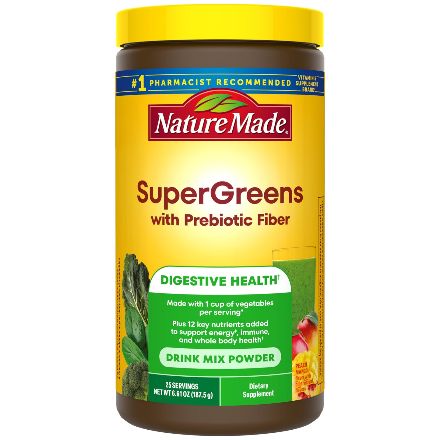 Nature Made Super Greens Powder with Prebiotic Fiber Drink Mix, Made with 1 Cup Veggies Per Serving, Fiber Supplement + Vitamins and Minerals, 25 Day Supply