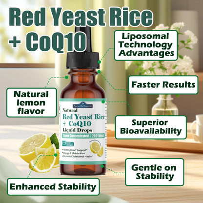 Liposomal Red Yeast Rice with Coq10 Liquid Drops, 5-in-1 Extra Strength 1200mg Cholesterol & Heart Support w. Citrus Bergamot Alpha Lipoic Acid | Cholesterol Lowering Supplement | GMO & Citrinin Free AuraraNeNourishBuy Supplements Australia
