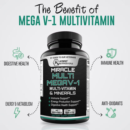 MEGAV-1 Multi-Vitamin, Superfood & Minerals - Daily Multivitamin with Probiotics, Digestive Enzyme, Mushroom Complex for Heart Health, Immune Support, Energy & Stamina - 90 Tablets Hybrid NutraceuticalsBuy Supplements Australia