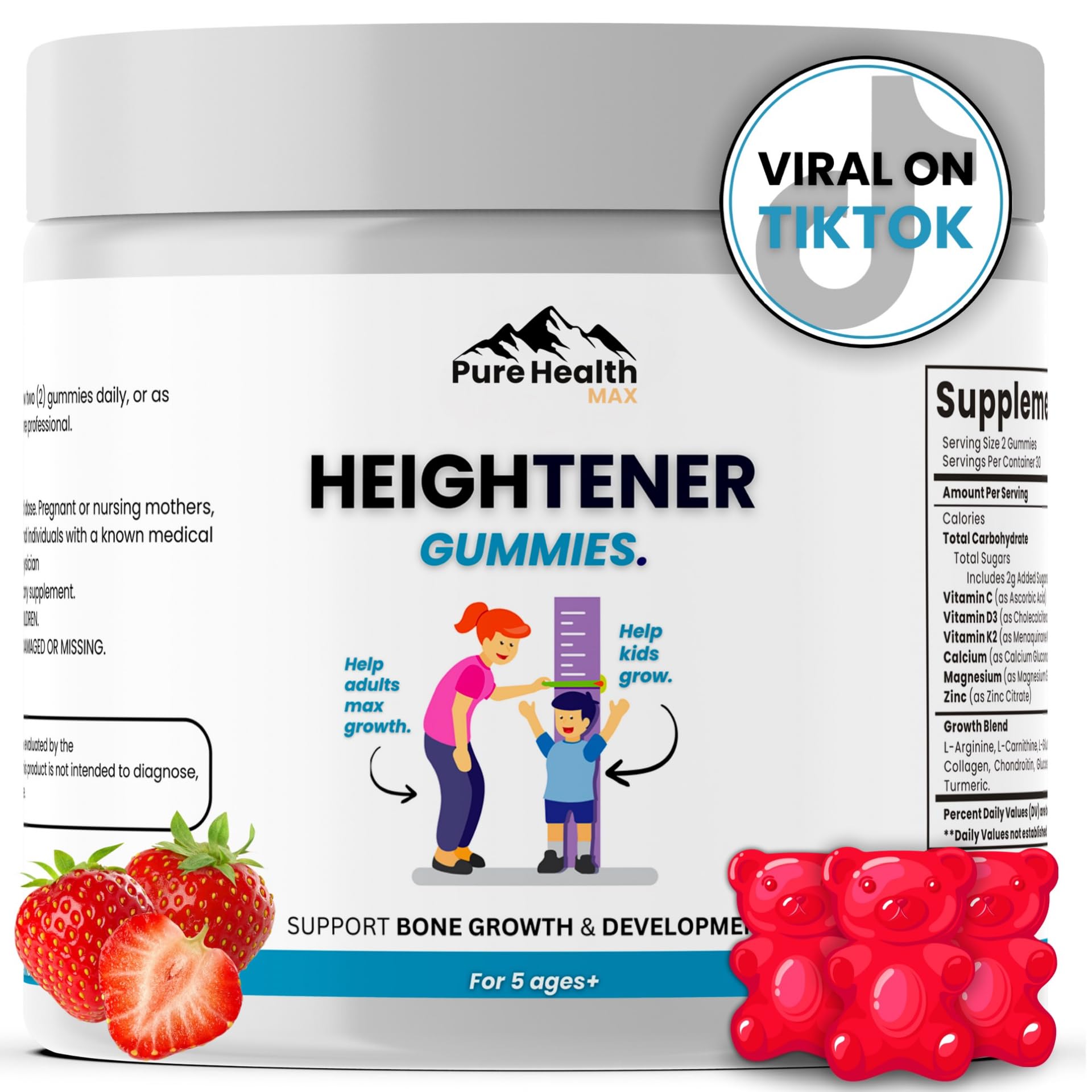 Heightener Gummies - Natural Height Growth Supplement for Kids, Teens and Adults to Increase Bone Strength and Grow Tall | Height Maximizer Pills with L-Arginine, Calcium & Zinc | 60 Gummy PURE HEALTH MAXBuy Supplements Australia