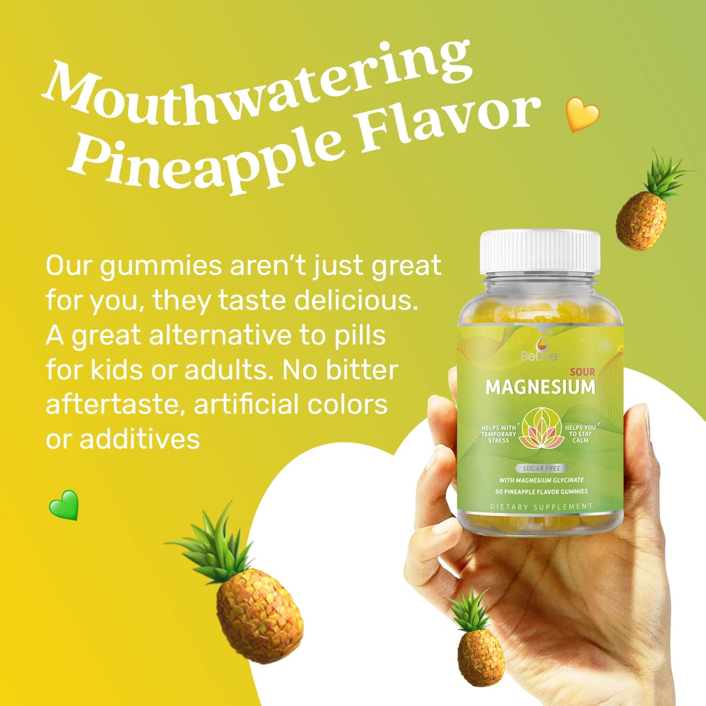 BeLive Magnesium Gummies 200mg - 60 Ct | Magnesium Glycinate Supplements for Relaxation, Stress Relief, and Sleep for Adults & Kids - Tasty and Tangy Pineapple Flavor BeLiveBuy Supplements Australia