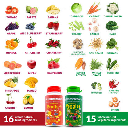 HOMERECORE Whole Food Fruits & Veggies Supplement Plant-Based, Vegan, Gluten-Free, Soy-Free No Fillers Natural Superfoods Boost Energy & Immune System for Men & Women 90 Fruit & 90 Veggie Capsules HOMERECOREBuy Supplements Australia