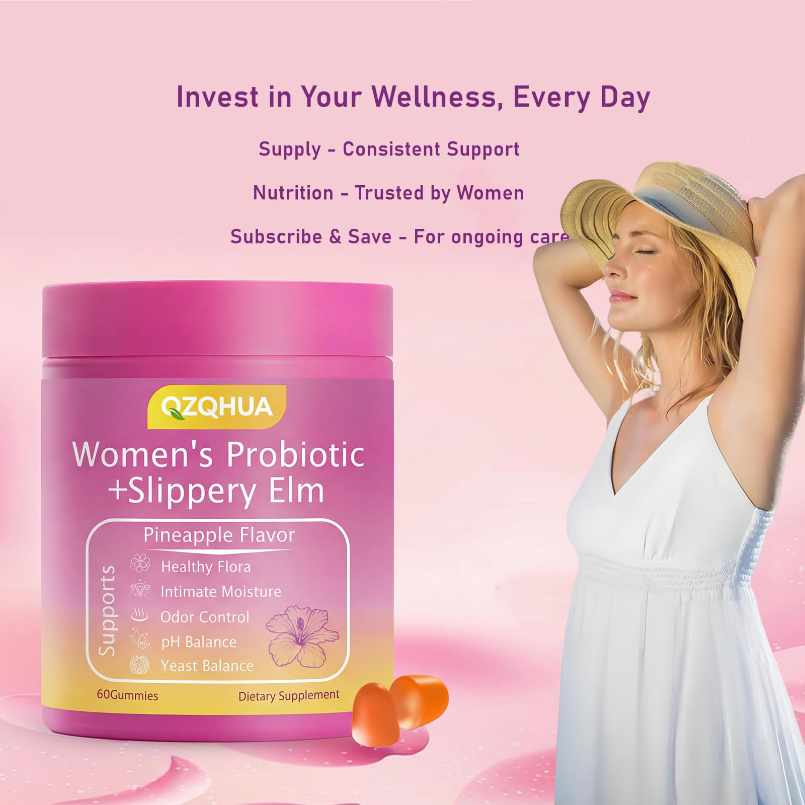 Premium Feminine Balance Gummies for Women - 60 Gummies, Hawaiian Pineapple Flavor - with Probiotics & Vitamin C - Supports Feminine Wellness & Healthy Balance - Gluten Free, Vegan（30 Servings）（Q2） QZQHUABuy Supplements Australia