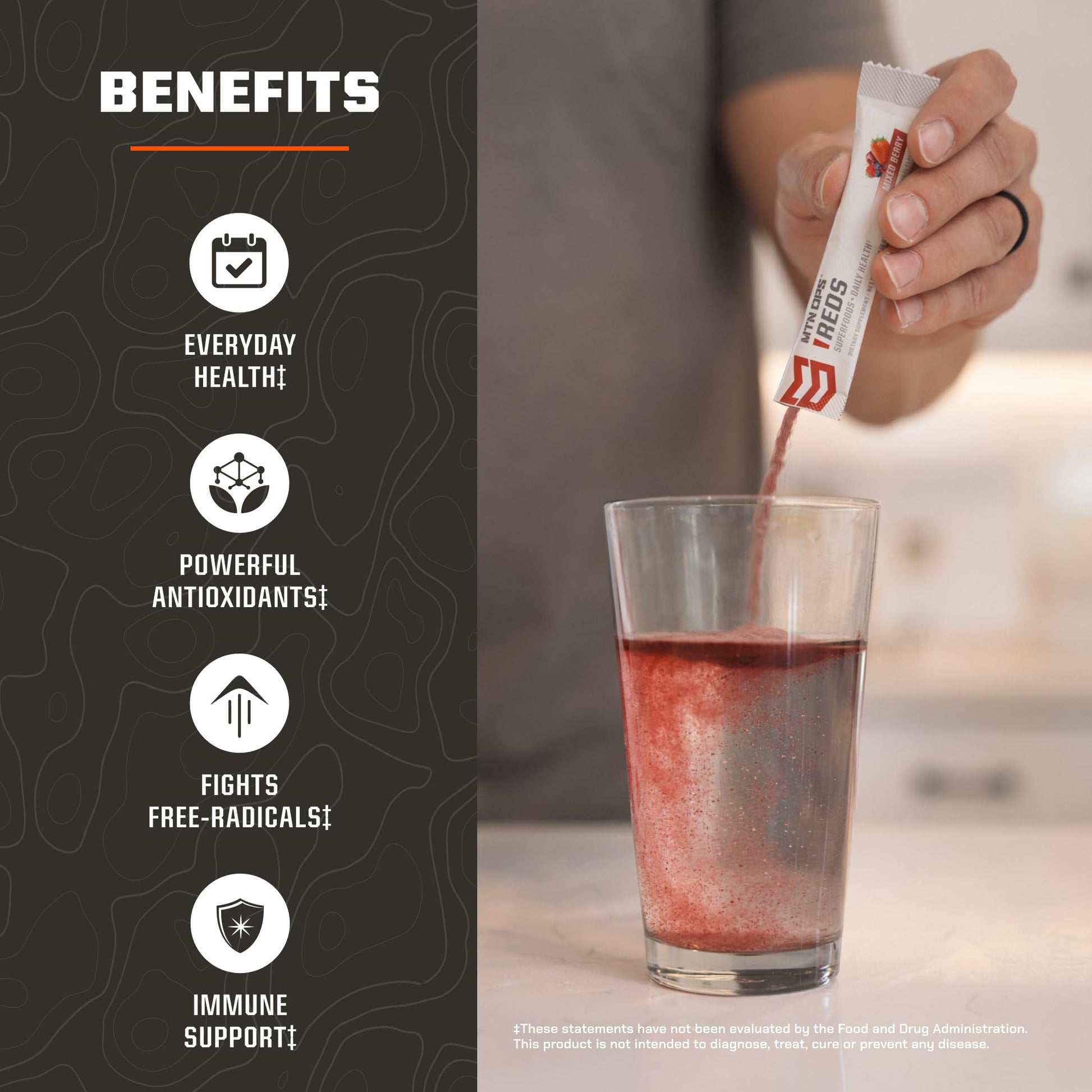 MTN OPS Reds Super Reds Antioxidant Drink Powder Daily Health Blend with Phytonutrients Free Radical Support 30 On The Go Stick Packs MTN OPSBuy Supplements Australia