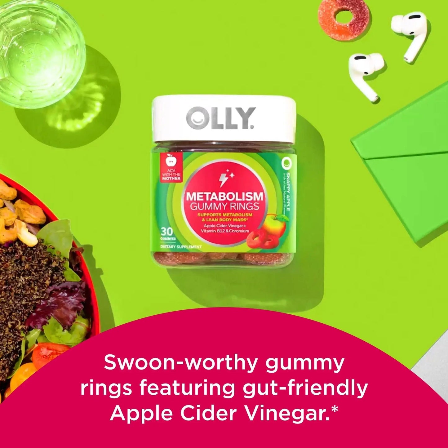 OLLY Multi + Probiotic Adult Multivitamin Gummy, 1 Billion CFUs, Digestive and Immune Support & Metabolism Gummy Rings, Apple Cider Vinegar, Vitamin B12, Chromium, Energy and Digestive Health OLLYBuy Supplements Australia