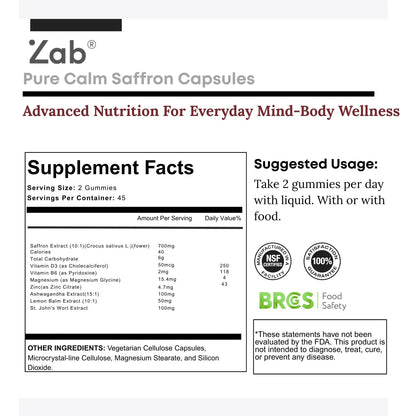 ZAB Saffron Supplements Gummies, Saffron & Rhodiola Rosea Extract Sugar-Free Supplement with Vitamin D3 & B6, Support Mood, Focus ZABBuy Supplements Australia