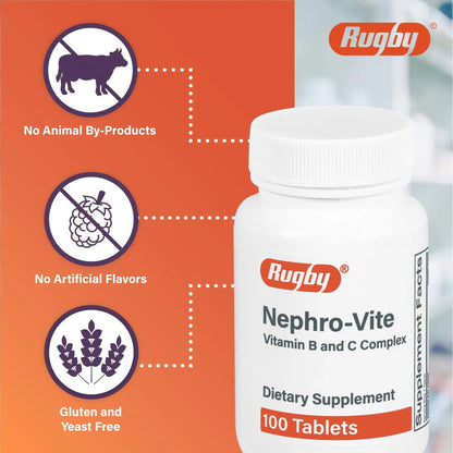 Rugby Nephro-Vite Vitamin B and C Complex Tablets - Dietary Supplement - 100 Count (1 Pack) RUGBY LABORATORIES