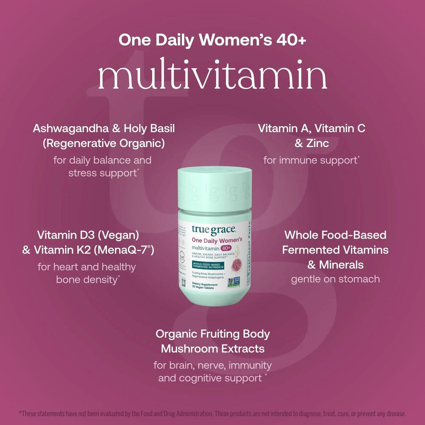 True Grace One Daily Women’s Multivitamin 40+ Fermented Minerals, Organic Adaptogens & Mushrooms Energy, Immune, Bone Support True Grace
