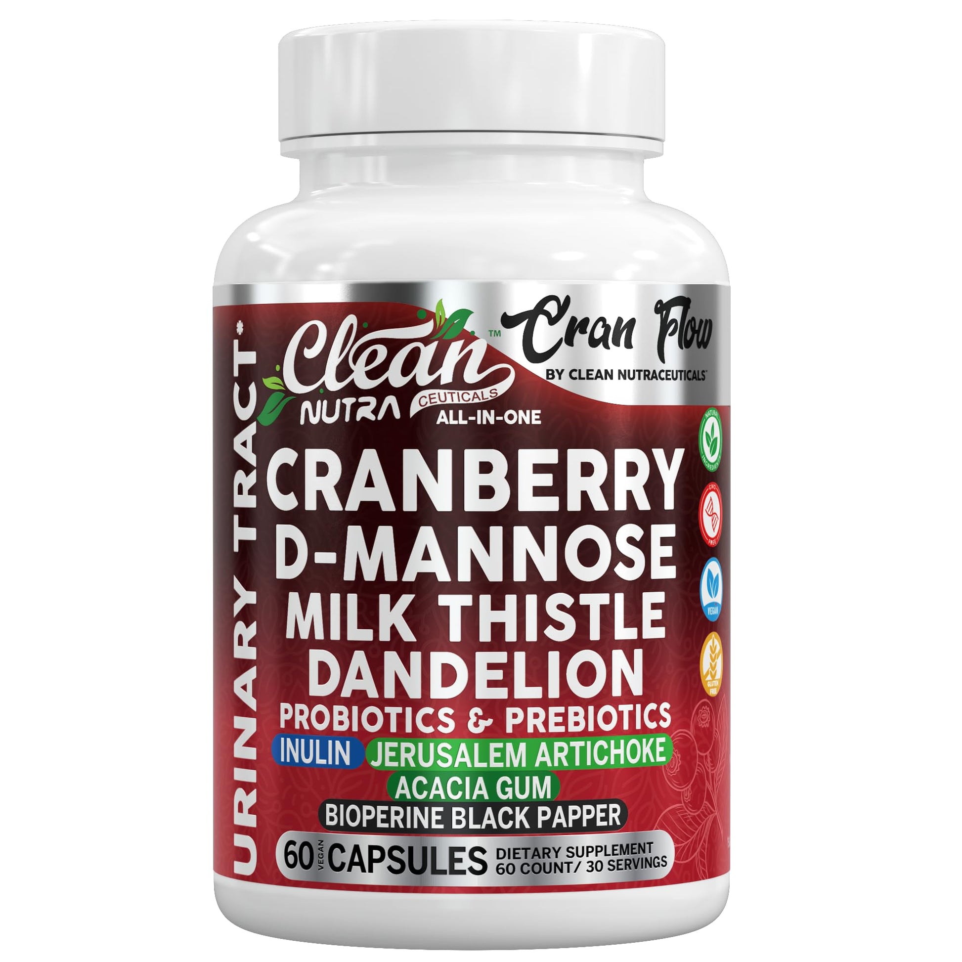Cran Flow Cranberry Pills for Urinary Health D-Mannose Milk Thistle Dandelion Inulin Vitamin C Prebiotics and Probiotics Bladder Support By Clean Nutra Clean NutraceuticalsBuy Supplements Australia