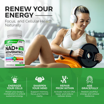 NAD+ Supplement, 1,360mg Max Strength Liposomal | Resveratrol, Quercetin, Green Tea | Cellular Energy & Healthy Aging for Men & Women | 800mg of 100% High Purity NAD+ for Energy, Focus - 90 Capsules HolistnatureBuy Supplements Australia