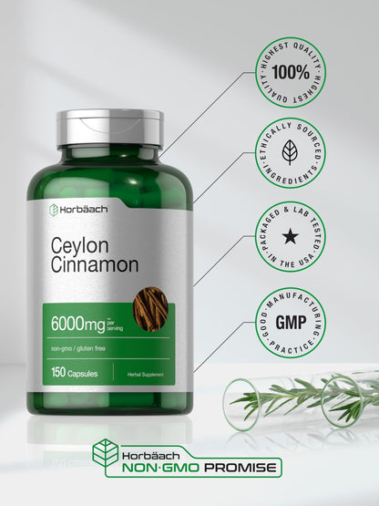 Ceylon Cinnamon Capsules | 6000 mg | 150 Count | Non-GMO & Gluten Free Supplement HorbäachBuy Supplements Australia