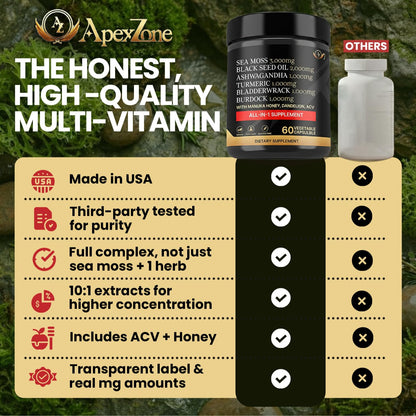 AZ ApexZone True Sea Moss Capsules Black Seed Oil Ashwagandha Burdock Root, Tumeric Supplement with Manuka Honey, Dandelion Root ACV - 60 Capsules - Multi Vitamin AZ ApexZoneBuy Supplements Australia