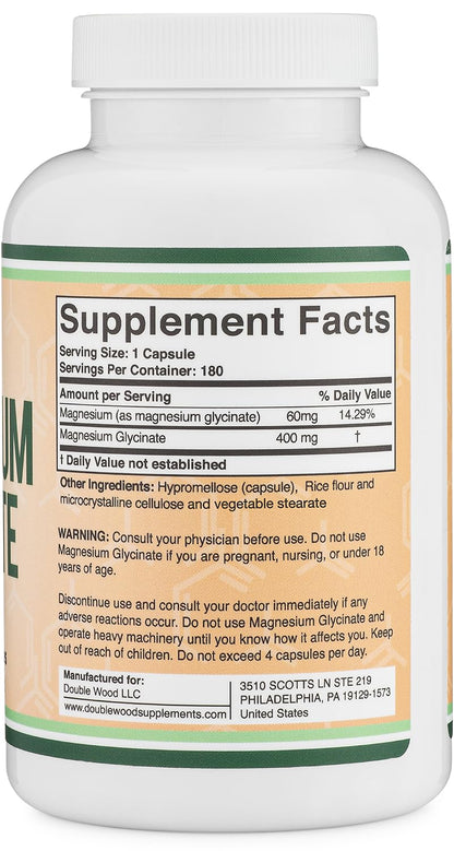 Magnesium Glycinate 400mg | 180 Capsules | Sleep, Muscle, & Heart Support | Vegan, Third Party Tested, Gluten Free