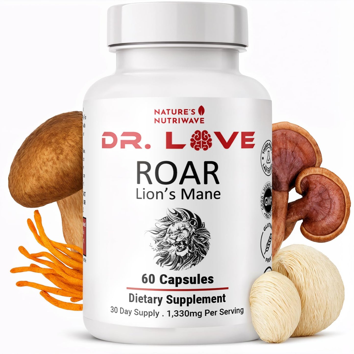 Nature’s NutriWave Dr. Love Roar Lion’s Mane Mushroom Supplement – Plant-Based Formula with Cordyceps, Reishi & Shiitake – Vegan, Gluten-Free, GMP Certified, Made in USA – 60 Capsules, 1 Month Supply Nature’s NutriWaveBuy Supplements Australia