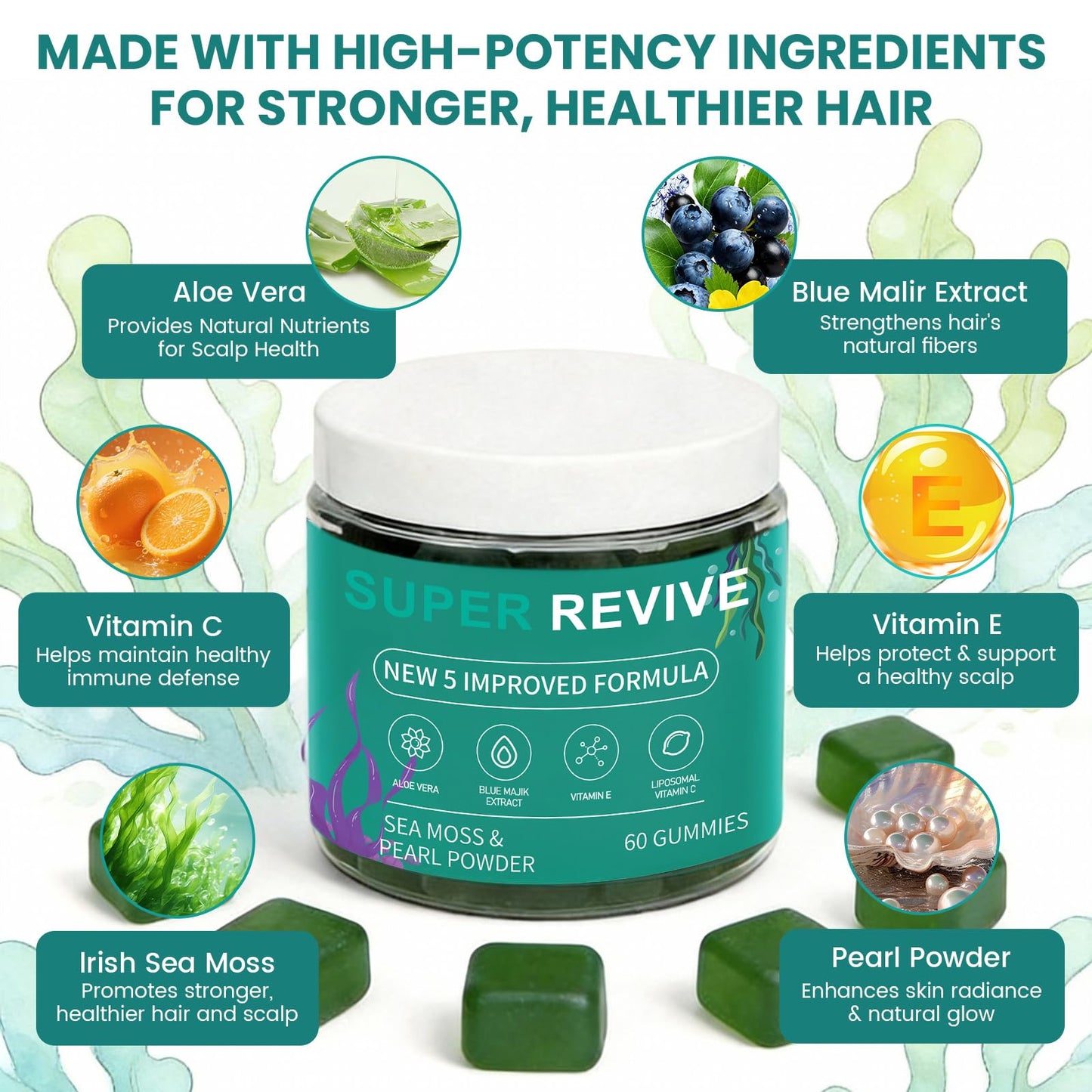 caicieter Super Revive Gummies for Hair Loss - Sea Moss Gummies with Vitamin C, E, Aloe Vera & Pearl Powder Glow, Promotes Thicker, Fuller & Stronger Hair - 60 Count caicieterBuy Supplements Australia
