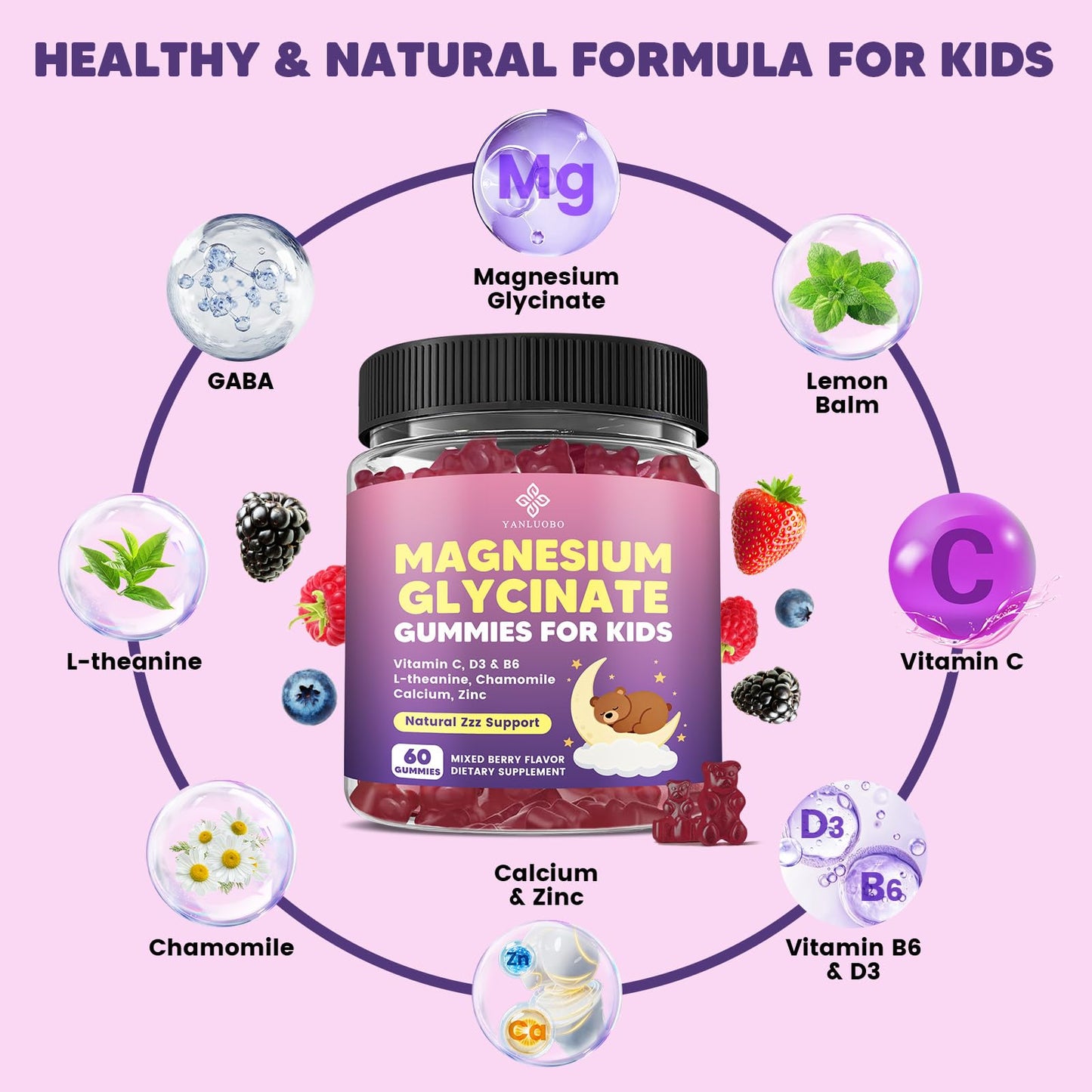 YANLUOBO Kids Magnesium Gummies, Magnesium Glycinate Gummies 400mg/200mg with L-Theanine, Chamomile, Vitamin B6, D3 for Kids, Relaxation & Zzz Support,