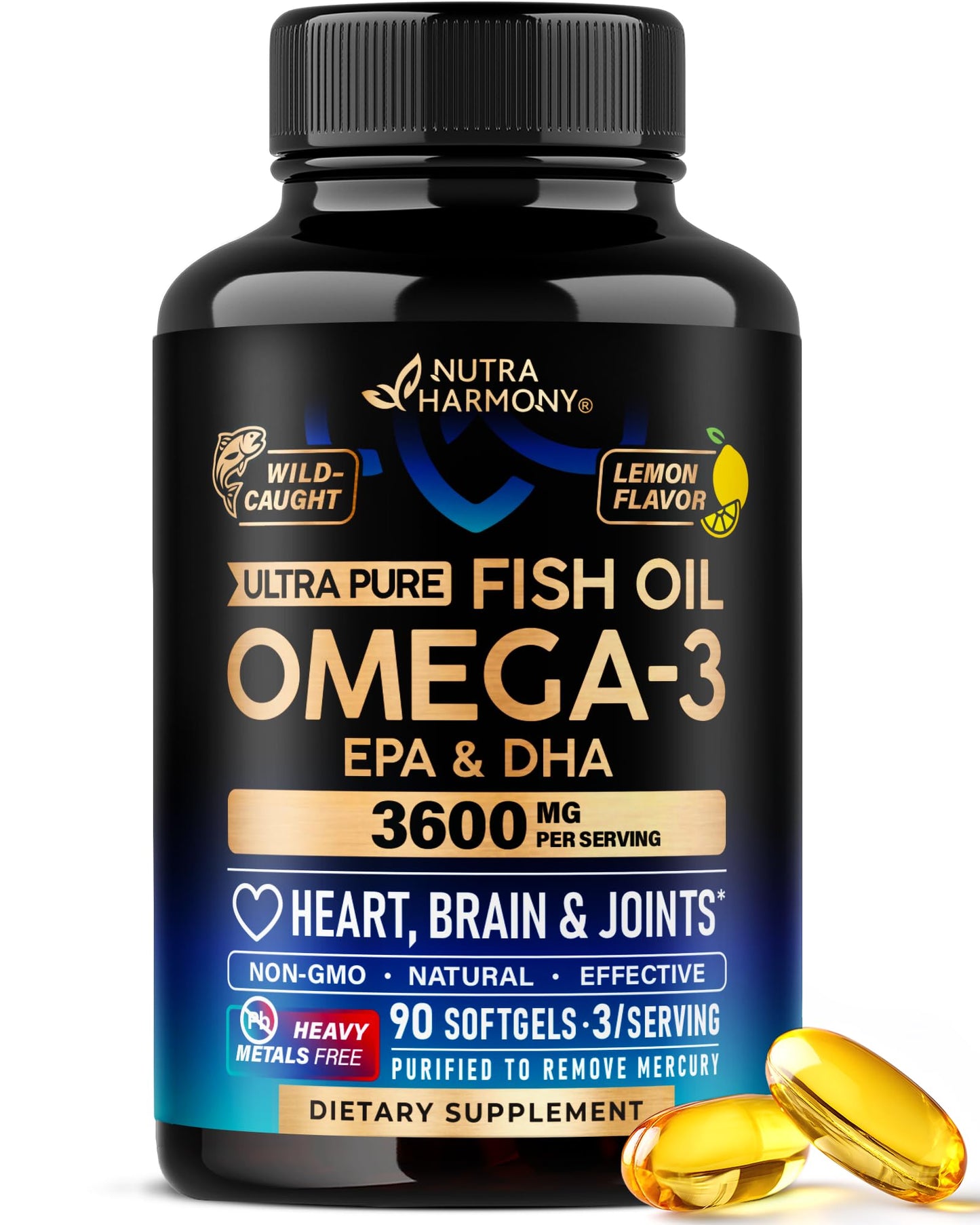 Omega 3 Fish Oil 3600 mg - Omega 3 Supplement | EPA & DHA - Heavy Metals Free - Heart, Brain & Joint Support - Purified Fish Oil for Men & Women - Lemon Flavored - Made in USA, 90 Softgels NUTRAHARMONYBuy Supplements Australia