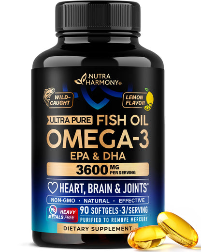 Omega 3 Fish Oil 3600 mg - Omega 3 Supplement | EPA & DHA - Heavy Metals Free - Heart, Brain & Joint Support - Purified Fish Oil for Men & Women - Lemon Flavored - Made in USA, 90 Softgels NUTRAHARMONYBuy Supplements Australia