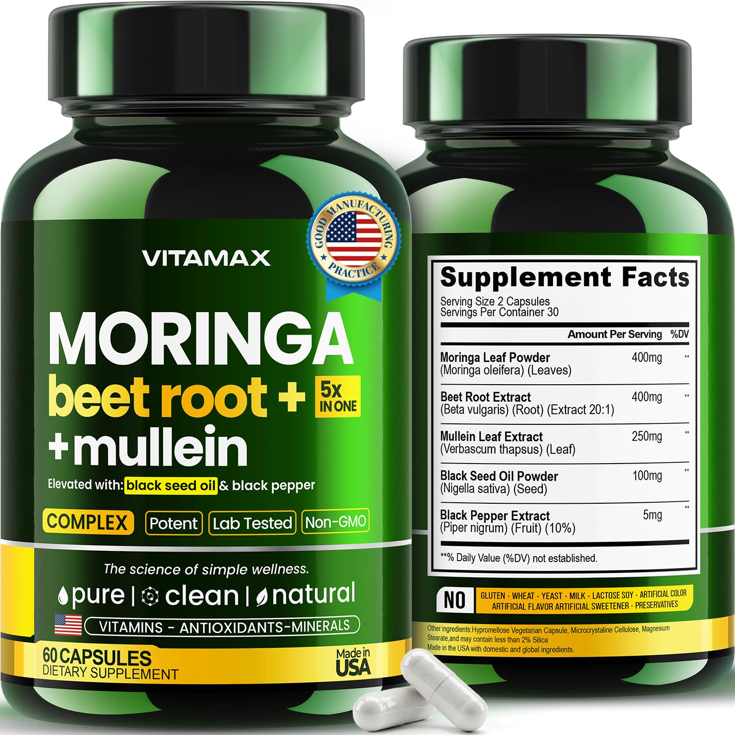 Moringa Capsules, Beet Root, Mullein Leaf - Energy, Skin, Immune Supplement Superfood, Rich in Antioxidants, Minerals & Essential Vitamins - High Absorption Non-GMO - Made in USA - 60ct VitamaxBuy Supplements Australia