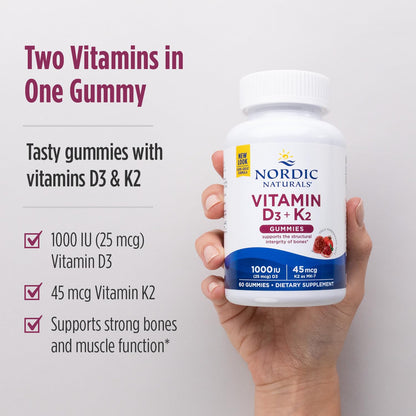 Nordic Naturals Vitamin D3 + K2 Gummies, Pomegranate - 60 Gummies - 1000 IU Vitamin D3 + 45 mcg K2 - Great Taste - Bone Health, Promotes Healthy Muscle Function - Non-GMO - 60 Servings Nordic NaturalsBuy Supplements Australia