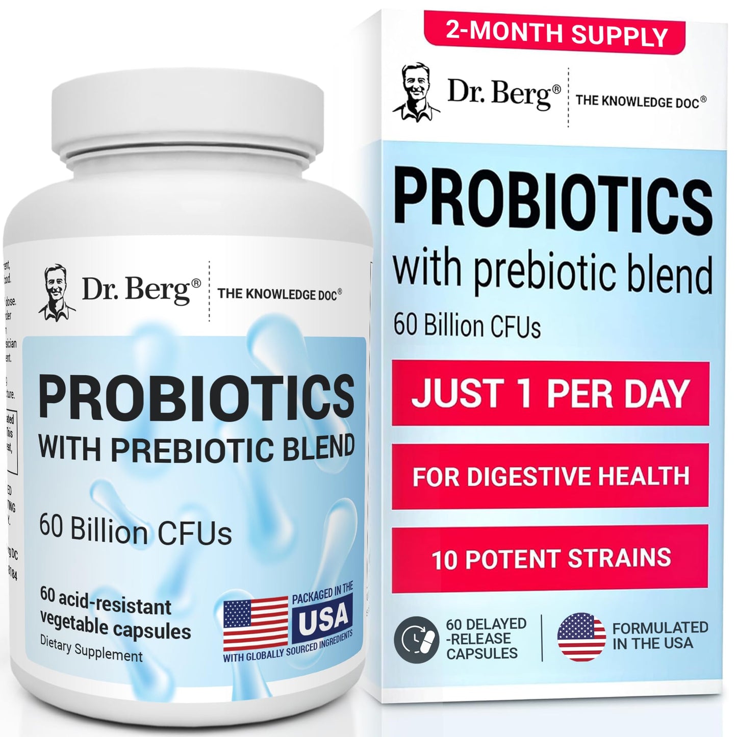 Dr. Berg Probiotic Supplement (60 Billion CFUs) - Helps Ease Occasional Constipation, Diarrhea, Gas & Bloating* - Pre and Probiotics for Digestive Health