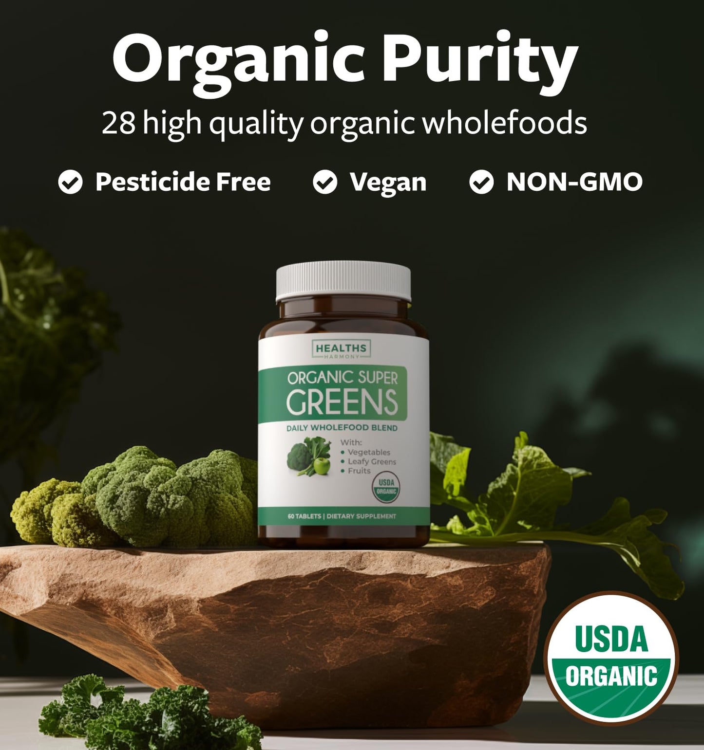 USDA Organic Super Greens Supplement - Organic Greens Fruits and Vegetable Supplement for Adults with 28 Superfood Complex with Superfruits Roots Herbs & More - Vegan & Non-GMO (Up to 1 Month Supply) Healths HarmonyBuy Supplements Australia
