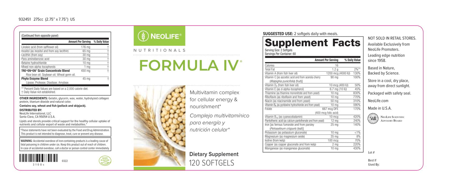 NeoLife - Formula IV Softgel - Vitamins A, C, D, E, B Complex, Multivitamins & Multi-Minerals, Multivitamin for Women & Men, TRE-EN-EN Grain Blend Supplements, Phyto Enzyme Blend - 120 Softgels NeoLifeBuy Supplements Australia