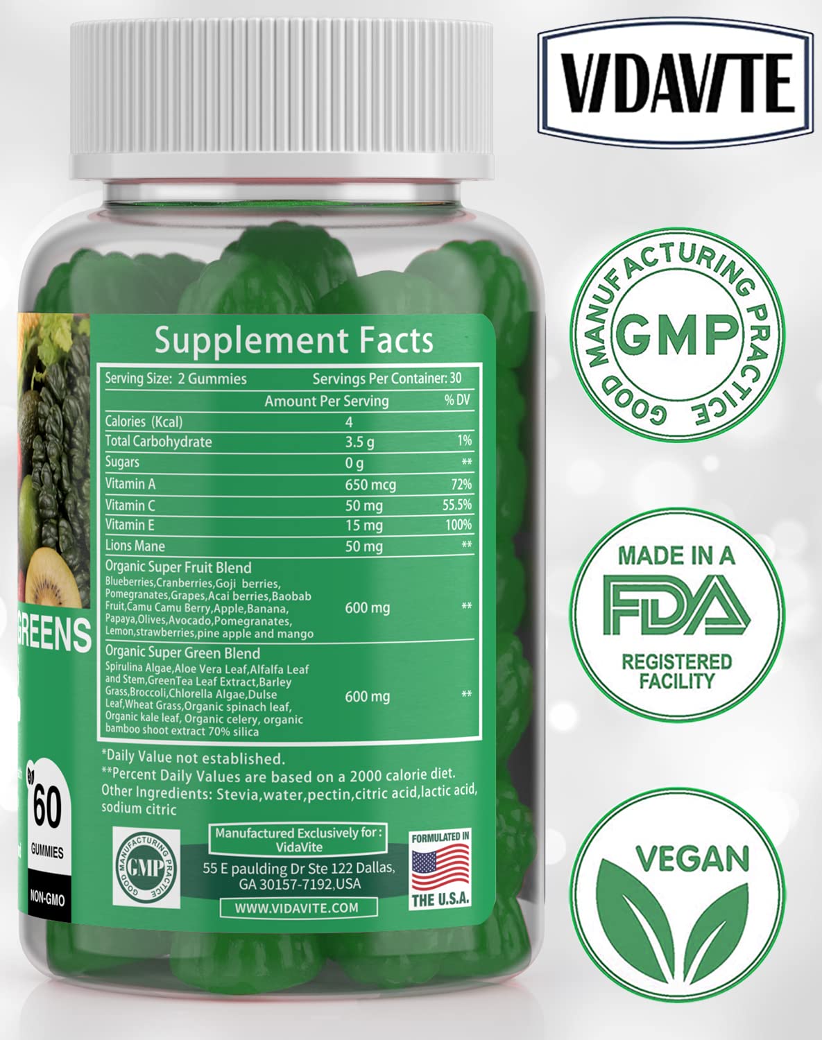 VIDAVITE Sugar-free Super Greens Gummies — US-Made, 35+ Fruit and Veggie gummies to Boost Immunity, Skin & Gut Health — Ideal Fruits and Vegetables Supplement