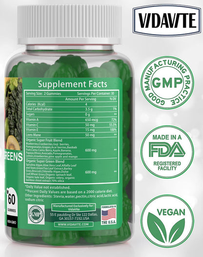 VIDAVITE Sugar-free Super Greens Gummies — US-Made, 35+ Fruit and Veggie gummies to Boost Immunity, Skin & Gut Health — Ideal Fruits and Vegetables Supplement