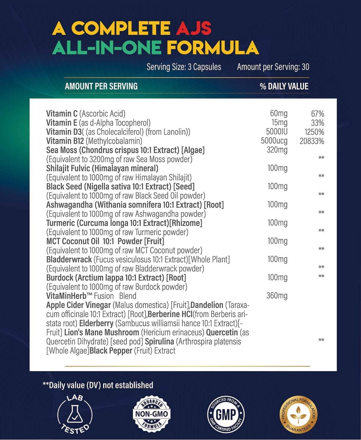 AJS Sea Moss Capsules 3200mg, Himalayan Shilajit 1000mg with Black Seed Oil, Ashwagandha, Turmeric, Bladderwrack, Burdock, Vitamins, Berberine, Lion’s Mane Mushroom, Elderberry- 90 Caps AJS NutritionBuy Supplements Australia