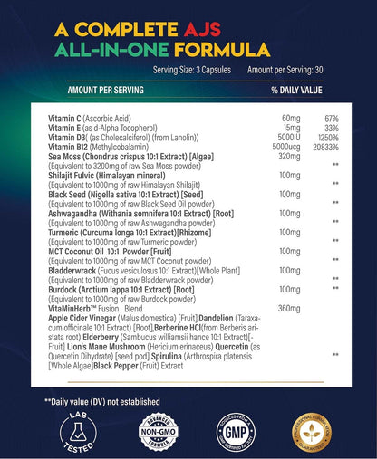 AJS Sea Moss Capsules 3200mg, Himalayan Shilajit 1000mg with Black Seed Oil, Ashwagandha, Turmeric, Bladderwrack, Burdock, Vitamins, Berberine, Lion’s Mane Mushroom, Elderberry- 90 Caps AJS NutritionBuy Supplements Australia